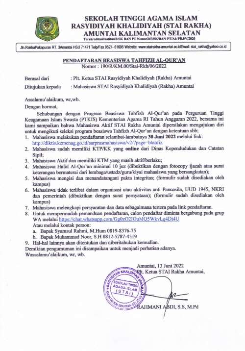 PENDAFTARAN BEASISWA TAHFIZH AL-QUR'AN TAHUN 2022