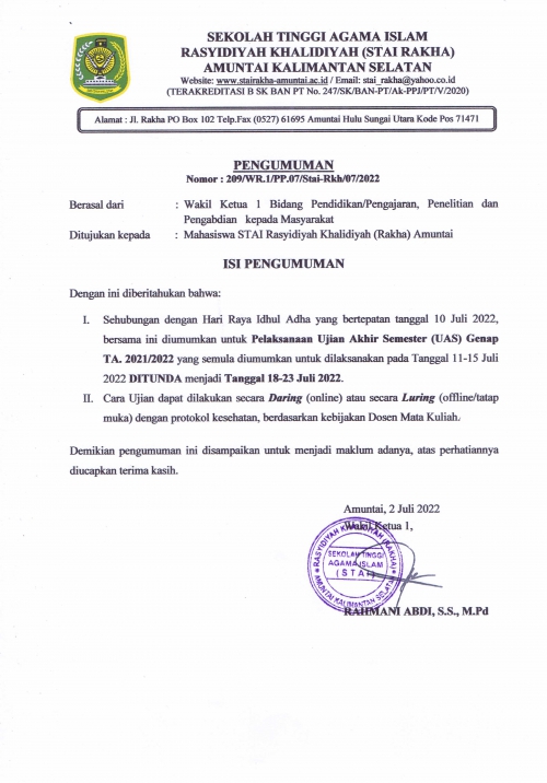 PENGUMUMAN PENUNDAAN PELAKSANAAN UJIAN AKHIR SEMESTER (UAS) GENAP TA. 2021/2022